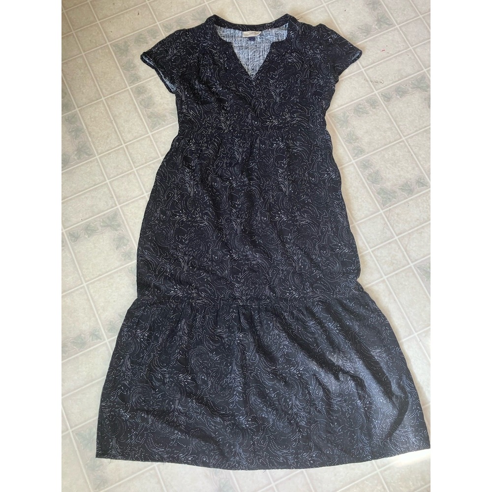 Universal‎ Thread Tiered Skirt Split Neck Modest Black Dress Ivory Floral Print